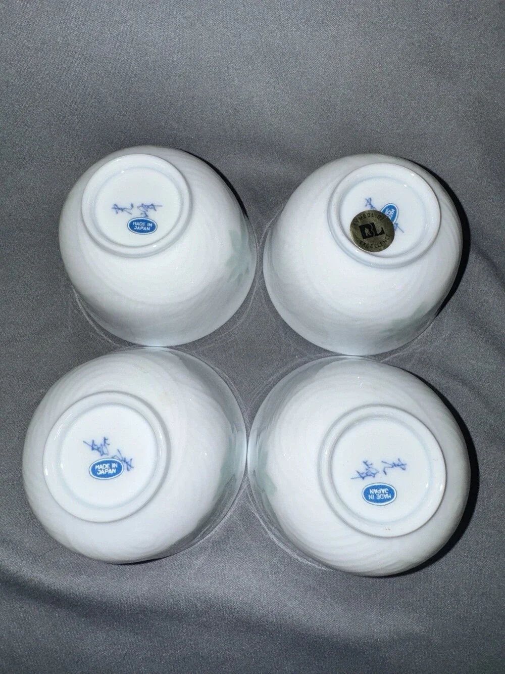 Vintage Japanese Porcelain Tea Cups Set 4 Green Leaf Rice Bowls Japan